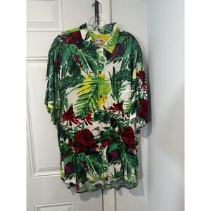Vintage Jams World Hawaiian Shirt Mens XL Green Palm‎ Leaf Abstract Floral Print